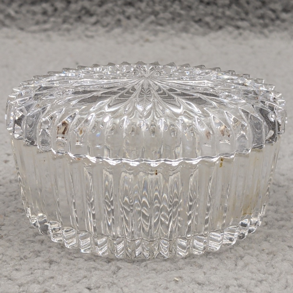 Vintage Oval Crystal Clear Glass Ribbed Trinket Candy Box Glossy With Lid